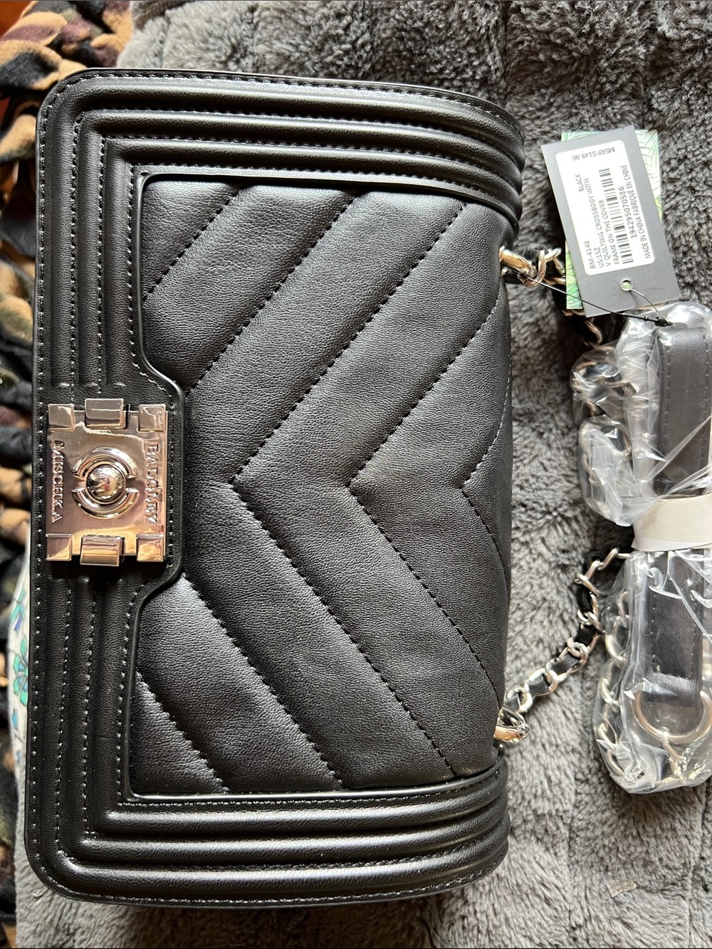 Badgley Mischka Black Quilted Shoulder Bag with Silver Hardware